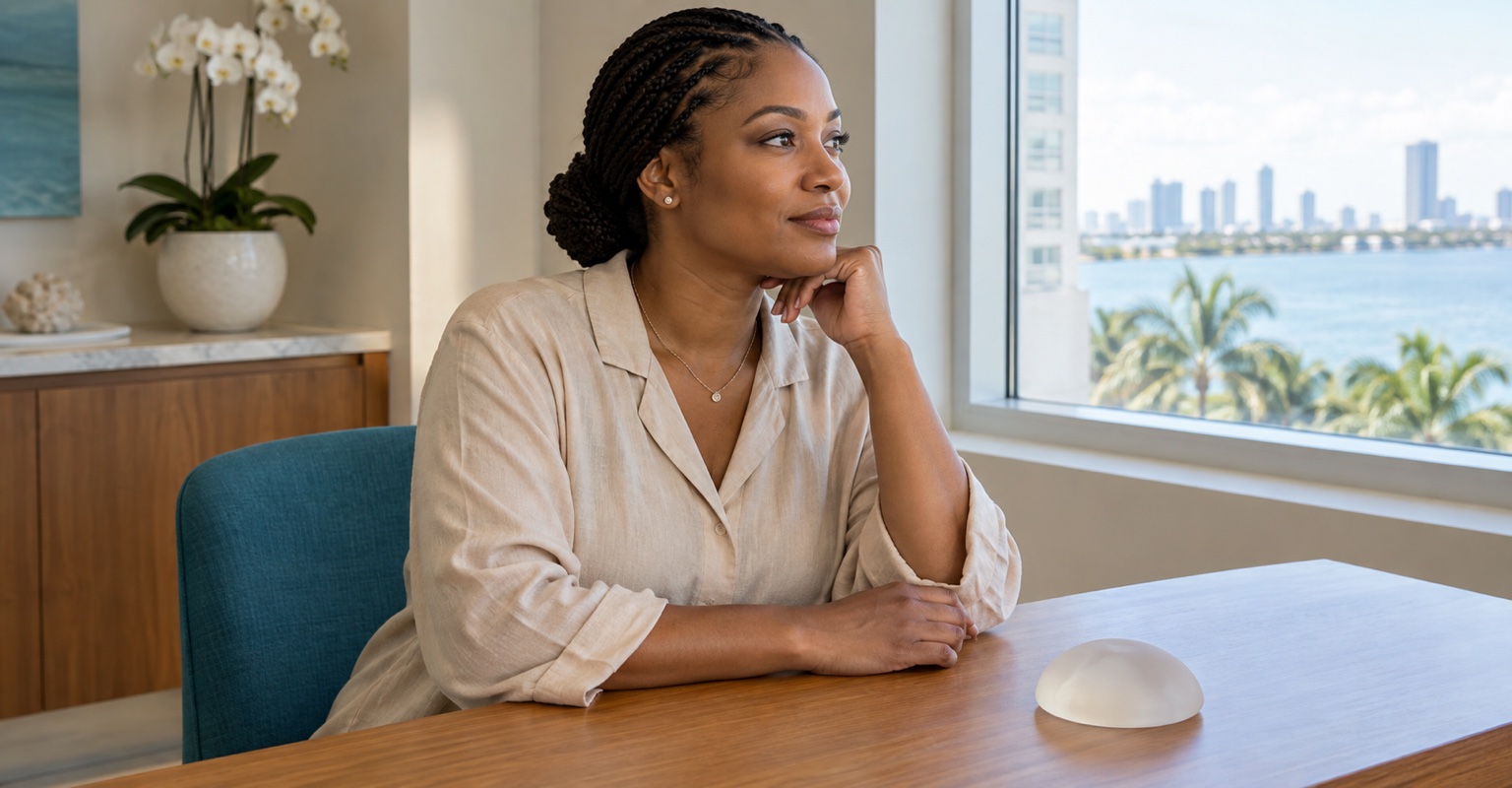 Illustrative adult woman considering long-term breast implant follow-up at a consultation table.