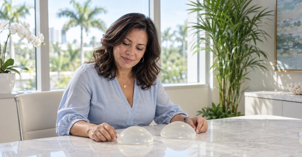 Illustrative consultation scene with an adult woman considering breast implant removal and unmarked implant models.