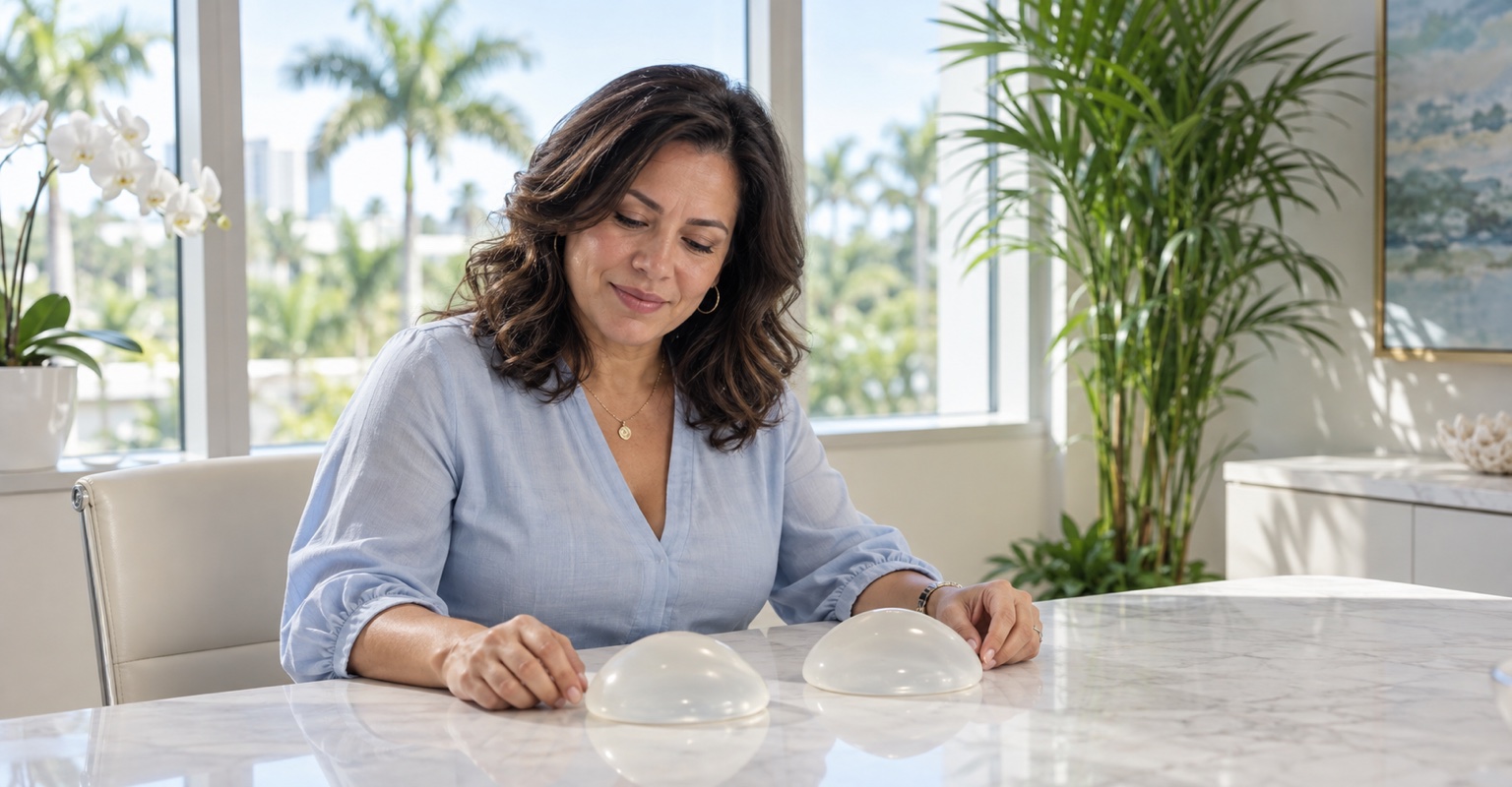 Illustrative consultation scene with an adult woman considering breast implant removal and unmarked implant models.