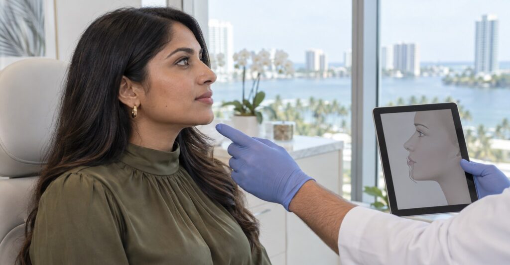 South Asian woman discussing chin implant and filler options in Miami