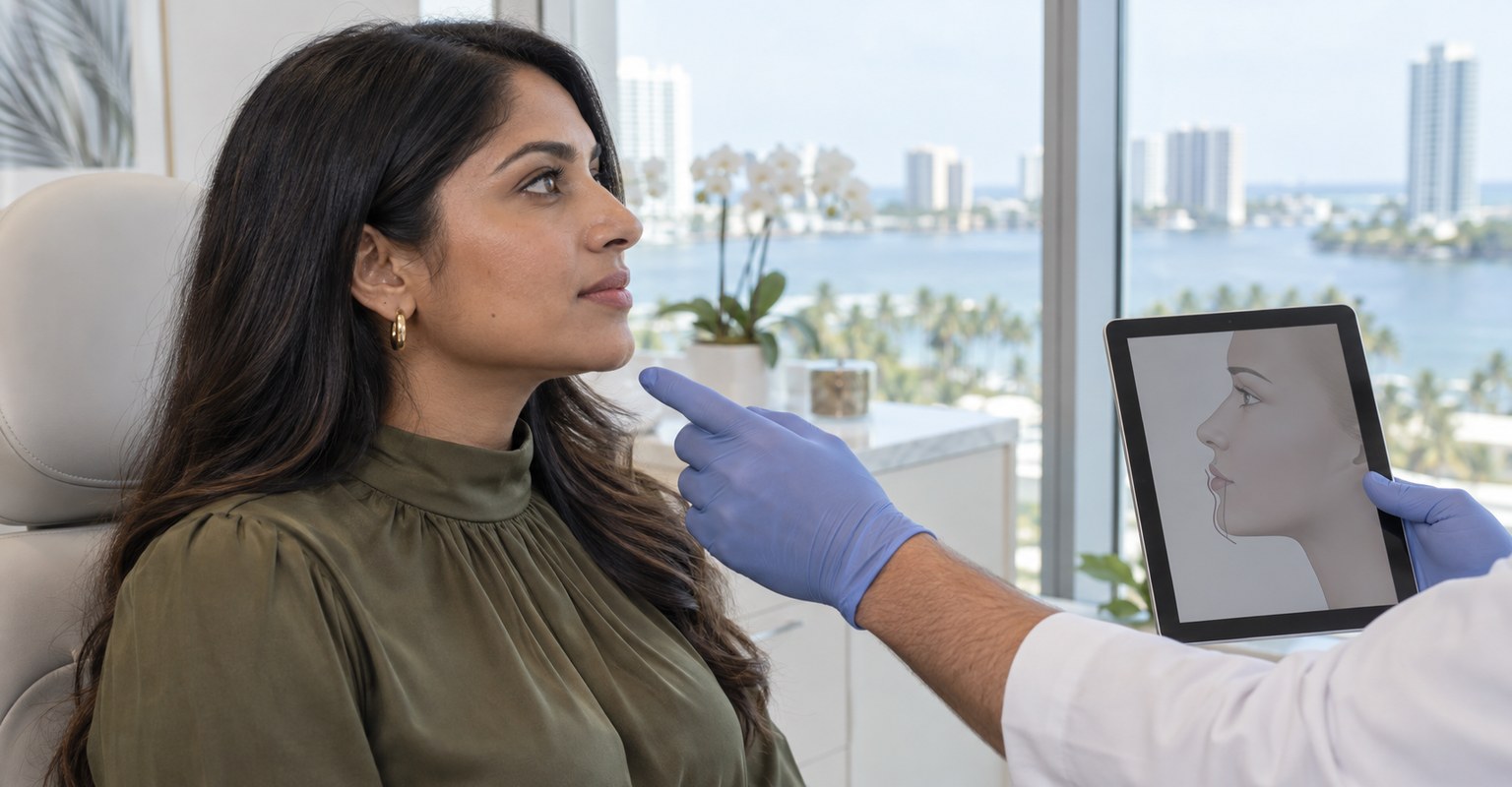 South Asian woman discussing chin implant and filler options in Miami