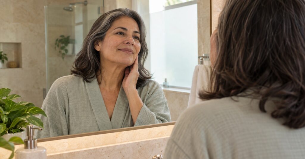 Illustrative older adult woman observing her face in a home mirror.