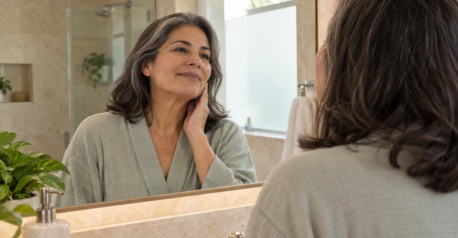 Illustrative older adult woman observing her face in a home mirror.