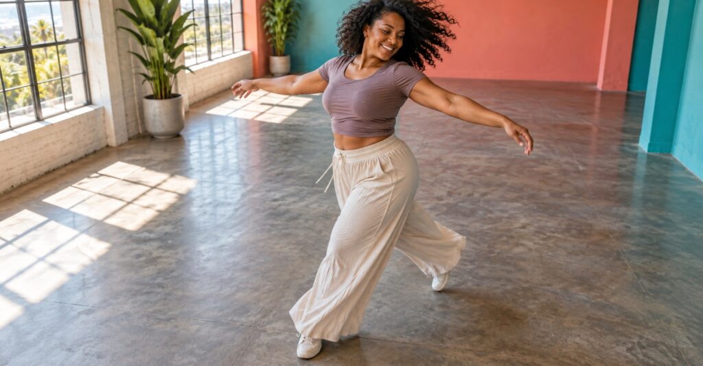 Woman moving naturally in a colorful Miami dance studio