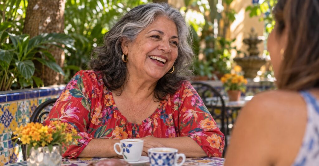 Mature woman laughing with a friend in a leafy Miami courtyard