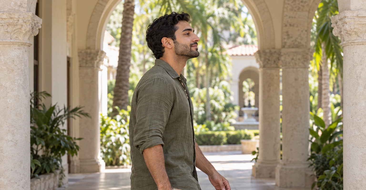 Man walking in profile through a shaded Coral Gables colonnade