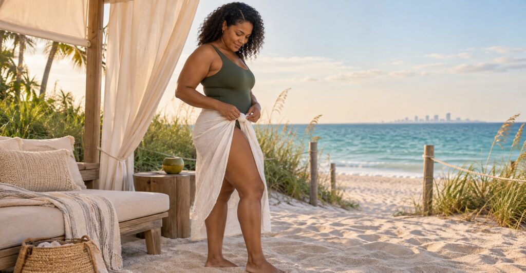 Woman adjusting a linen wrap at a Key Biscayne beach cabana