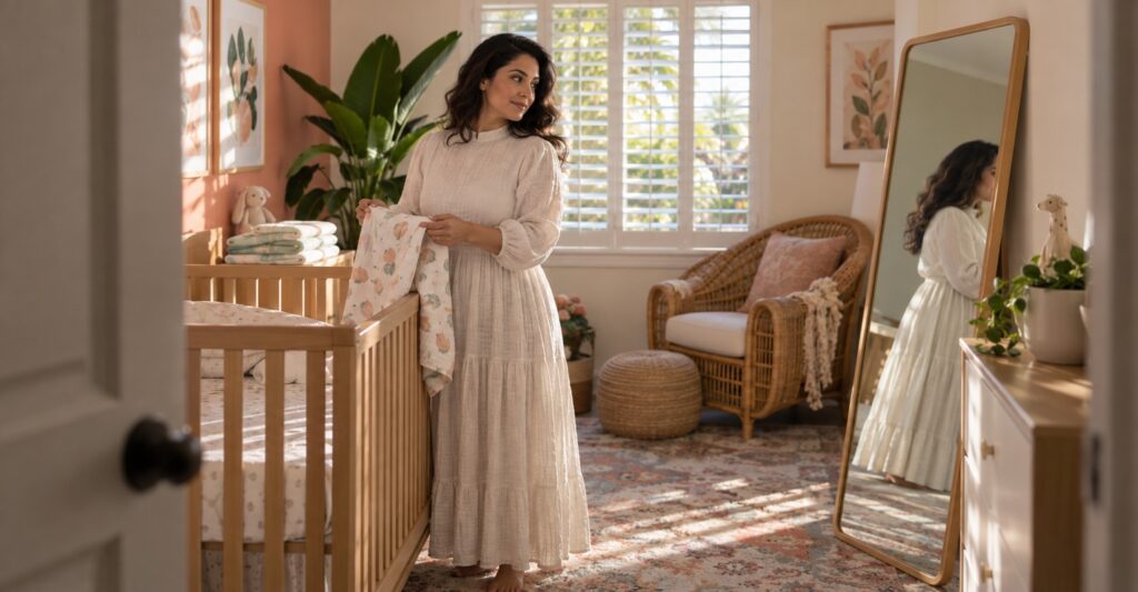 Woman folding a baby blanket in a sunlit Miami nursery while considering future timing