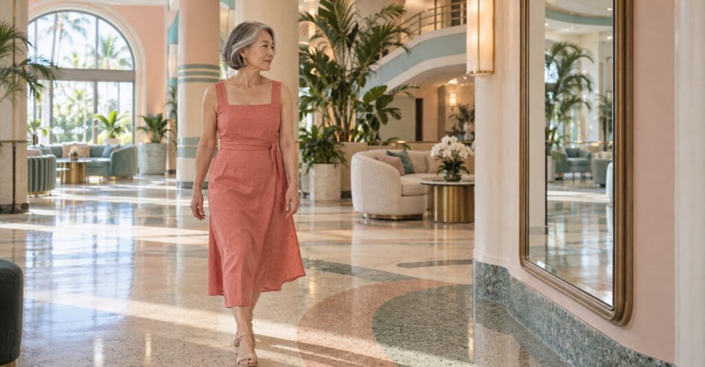 Mature woman walking through a Miami Art Deco lobby with natural facial aging