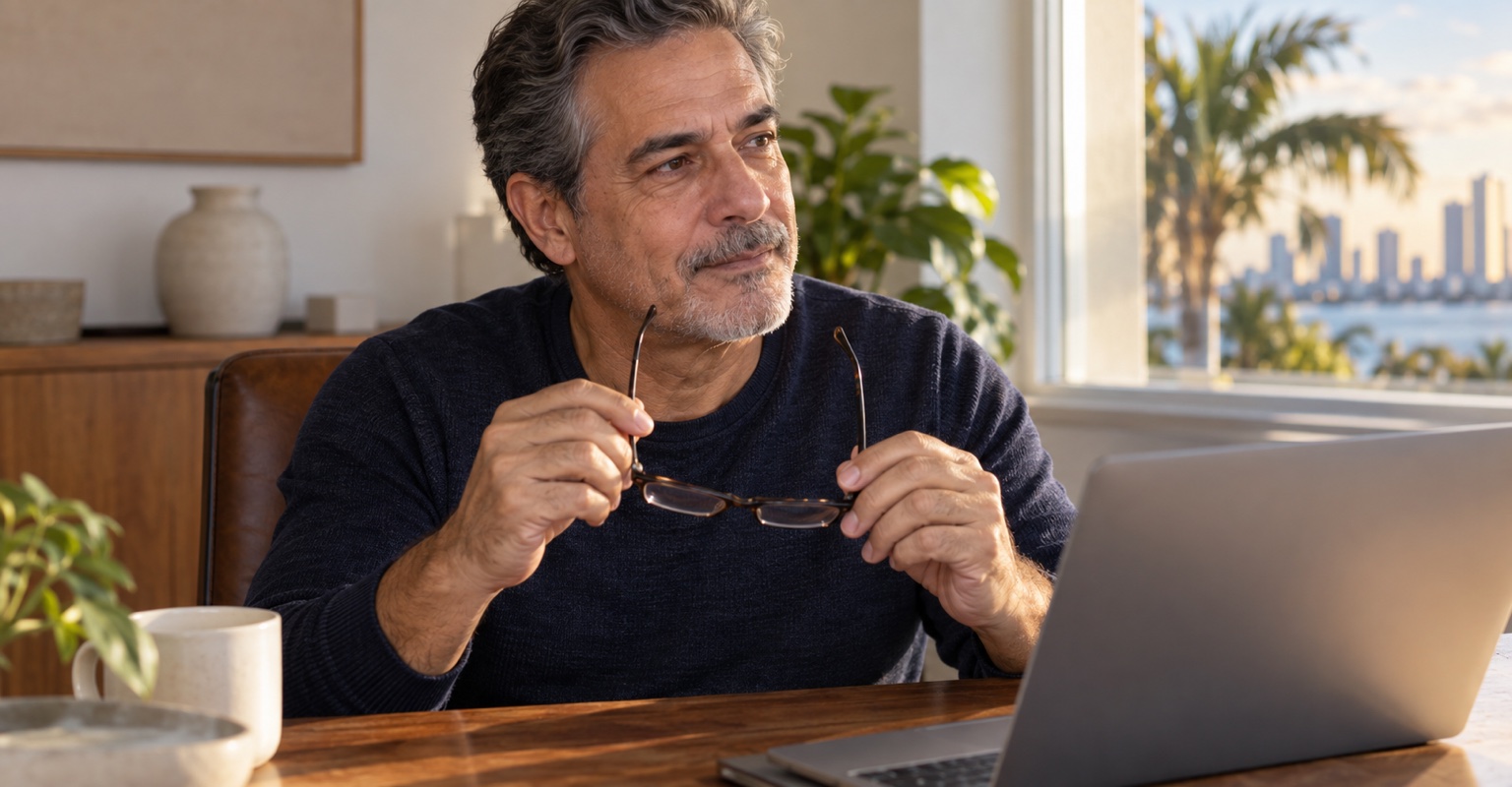Mature man removing reading glasses in a sunlit Miami home office