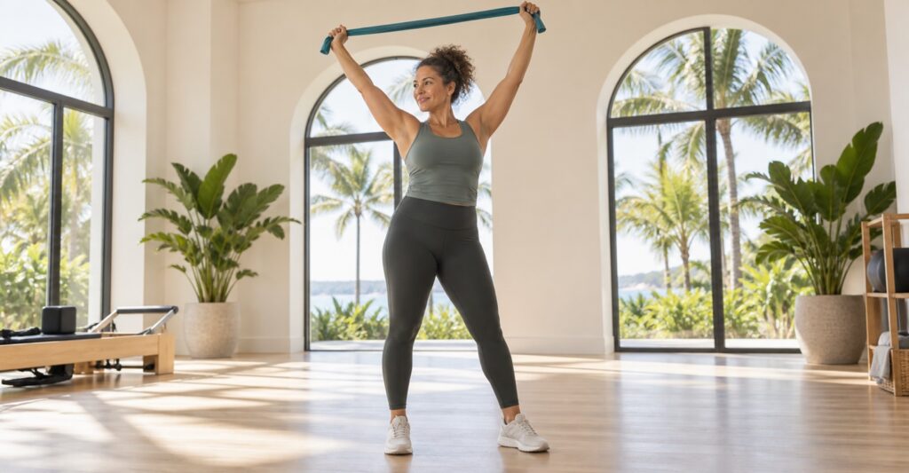 Woman stretching her arms in a bright Coconut Grove fitness studio