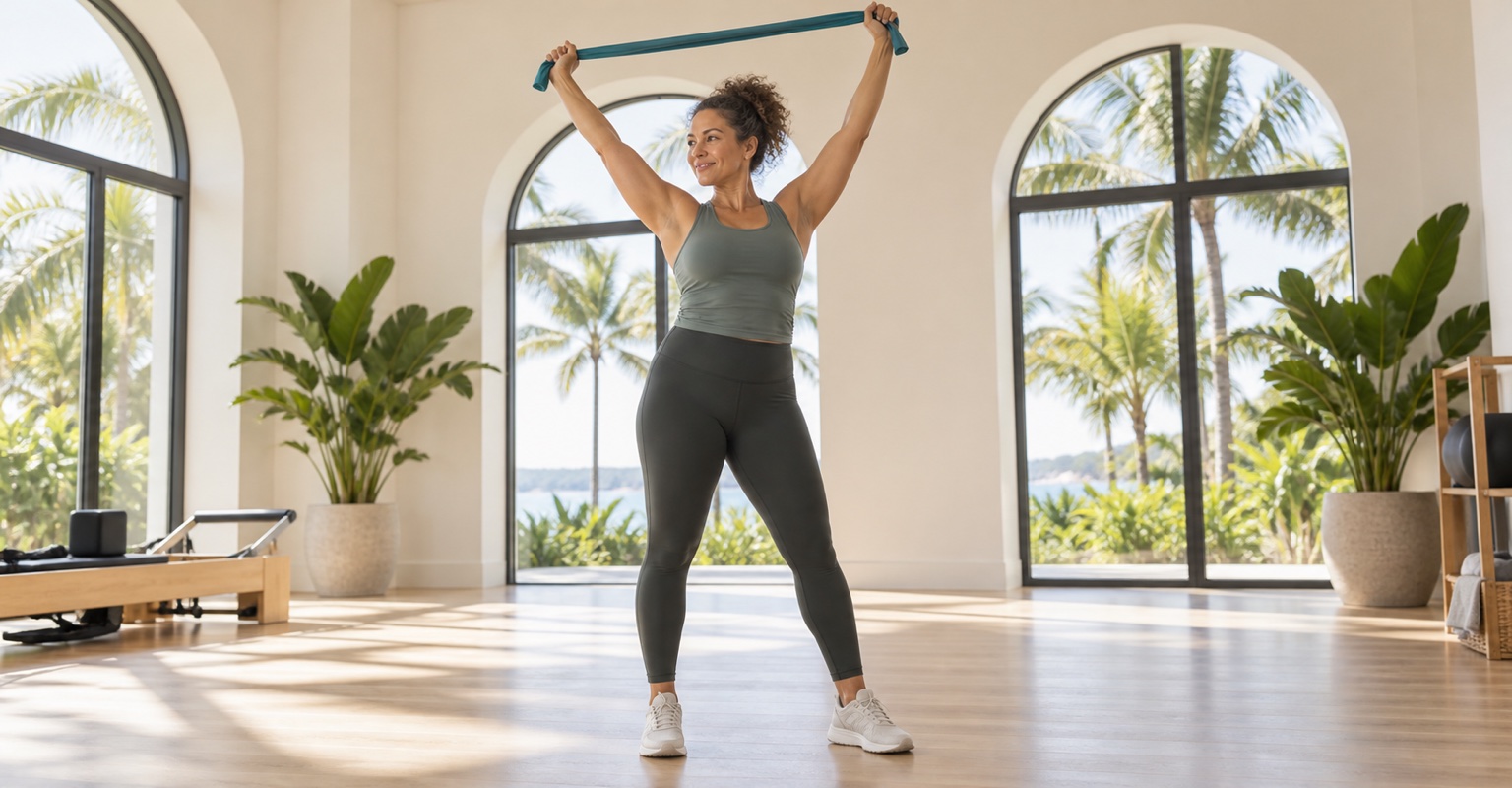 Woman stretching her arms in a bright Coconut Grove fitness studio