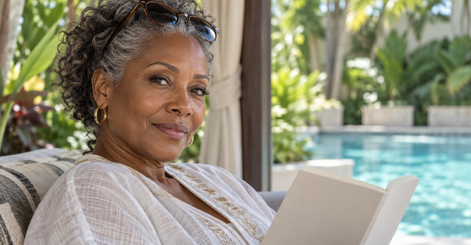 Mature woman relaxing by a Miami pool with natural brow and eyelid features