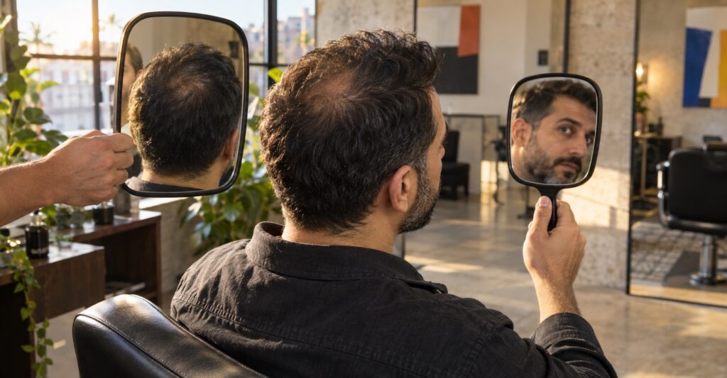 Man examining natural crown hair density with mirrors in a Miami barbershop
