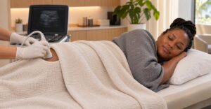 Woman receiving a non-graphic ultrasound assessment in a Miami treatment suite
