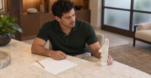 Man reviewing a nose profile model in a Coral Gables consultation room