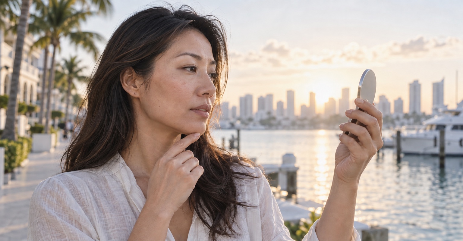 Woman viewing her chin profile in a plain mirror on a Miami marina promenade