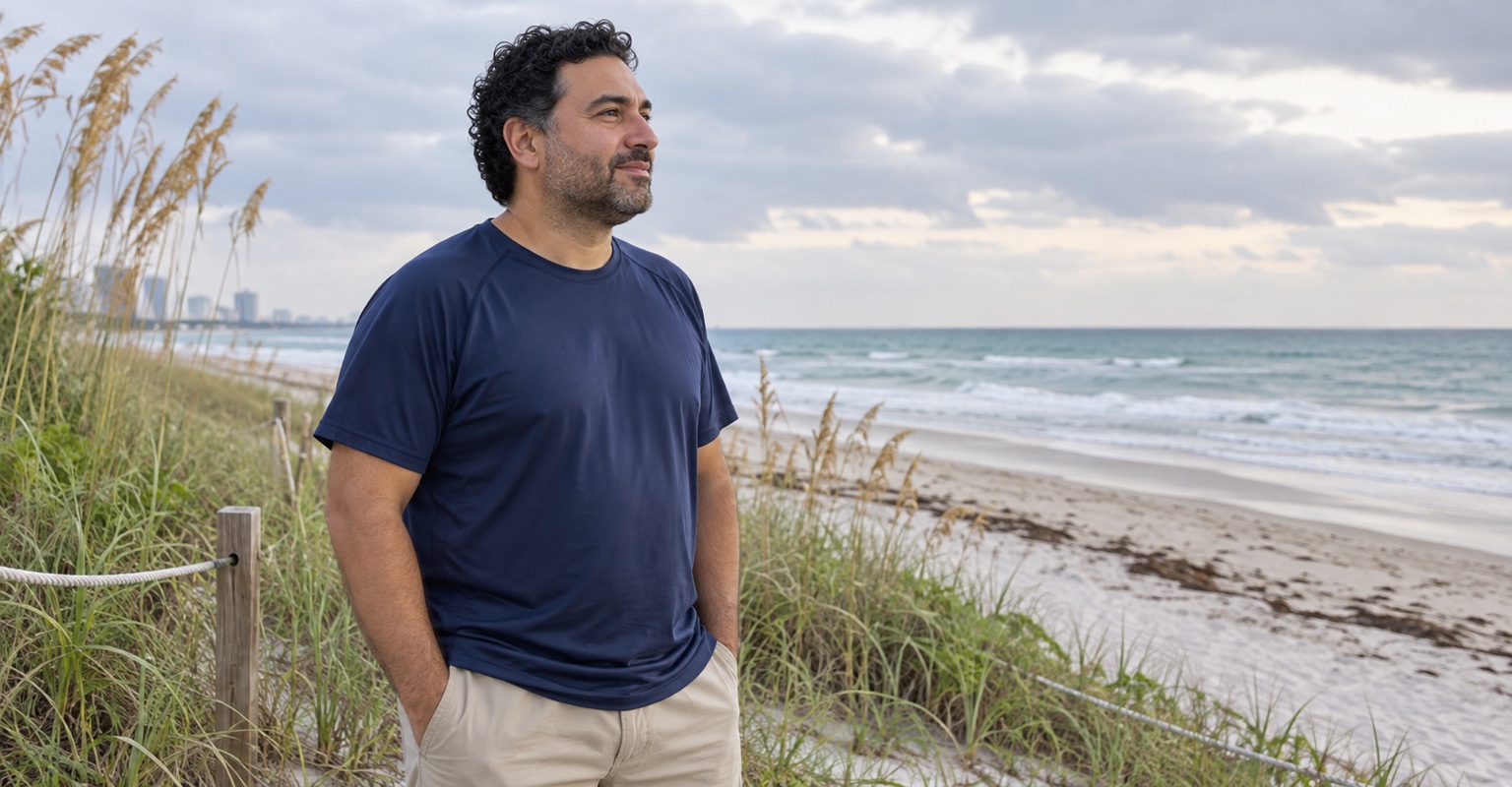 Illustrative adult man with natural chest contours at a quiet Miami beach.