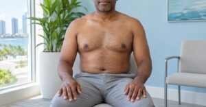 Adult man seated in a Miami consultation room, illustrating discussion of chest fullness and gynecomastia evaluation.