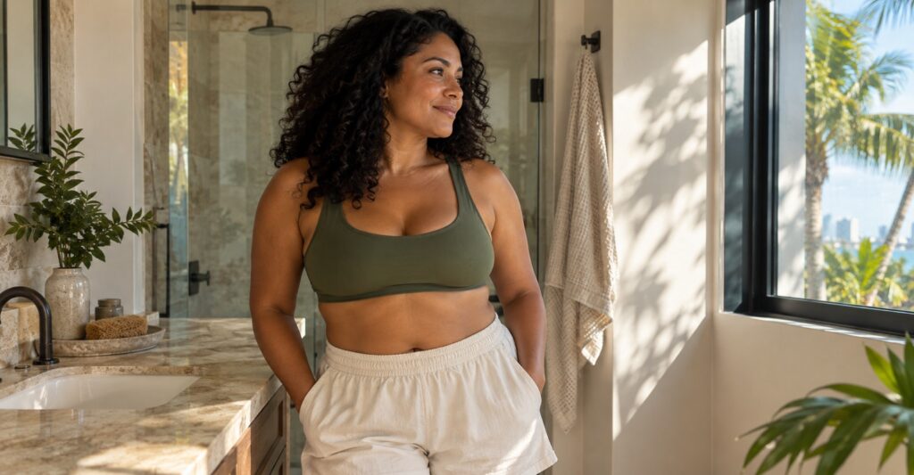 Illustrative side view of an adult woman with natural abdominal contours in a Miami-style home.