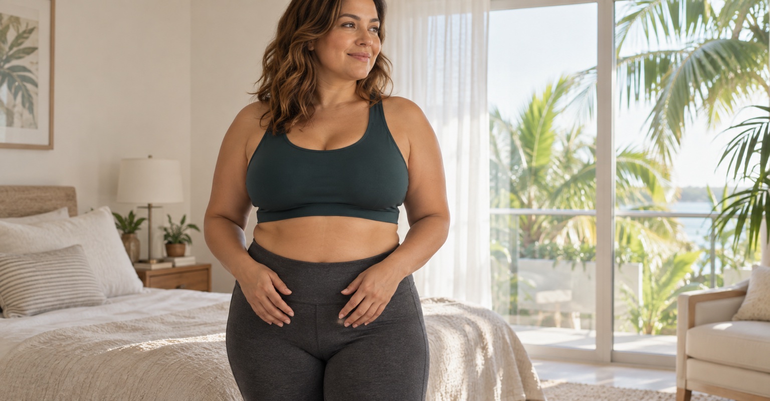 Illustrative adult woman in comfortable clothing considering body-contouring options after pregnancy.