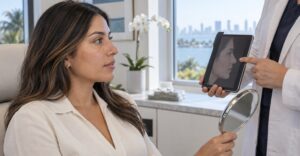 Latina woman reviewing her nasal profile for septoplasty or rhinoplasty in Miami