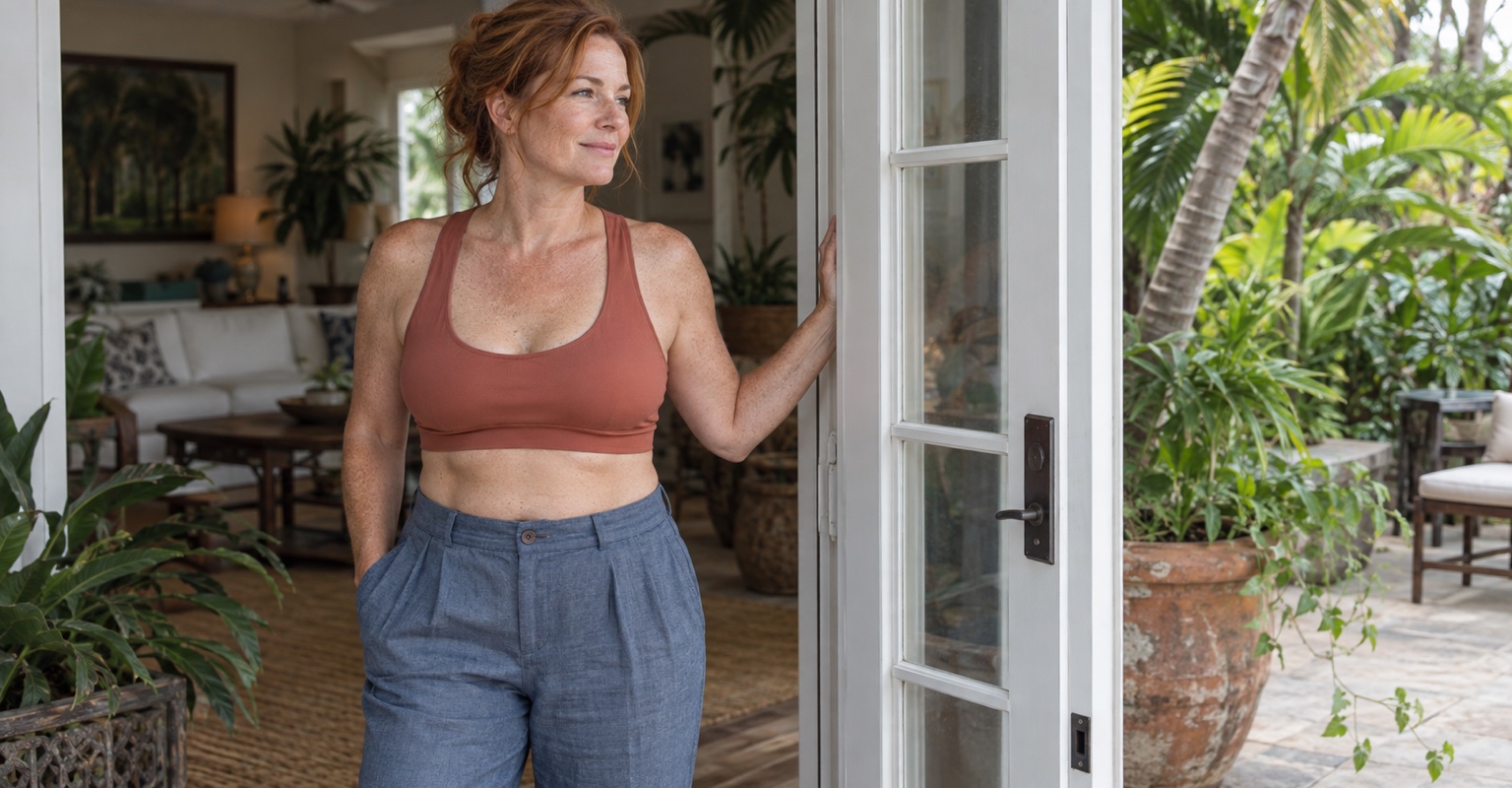 Illustrative adult woman with natural abdominal contours in a tropical home setting.