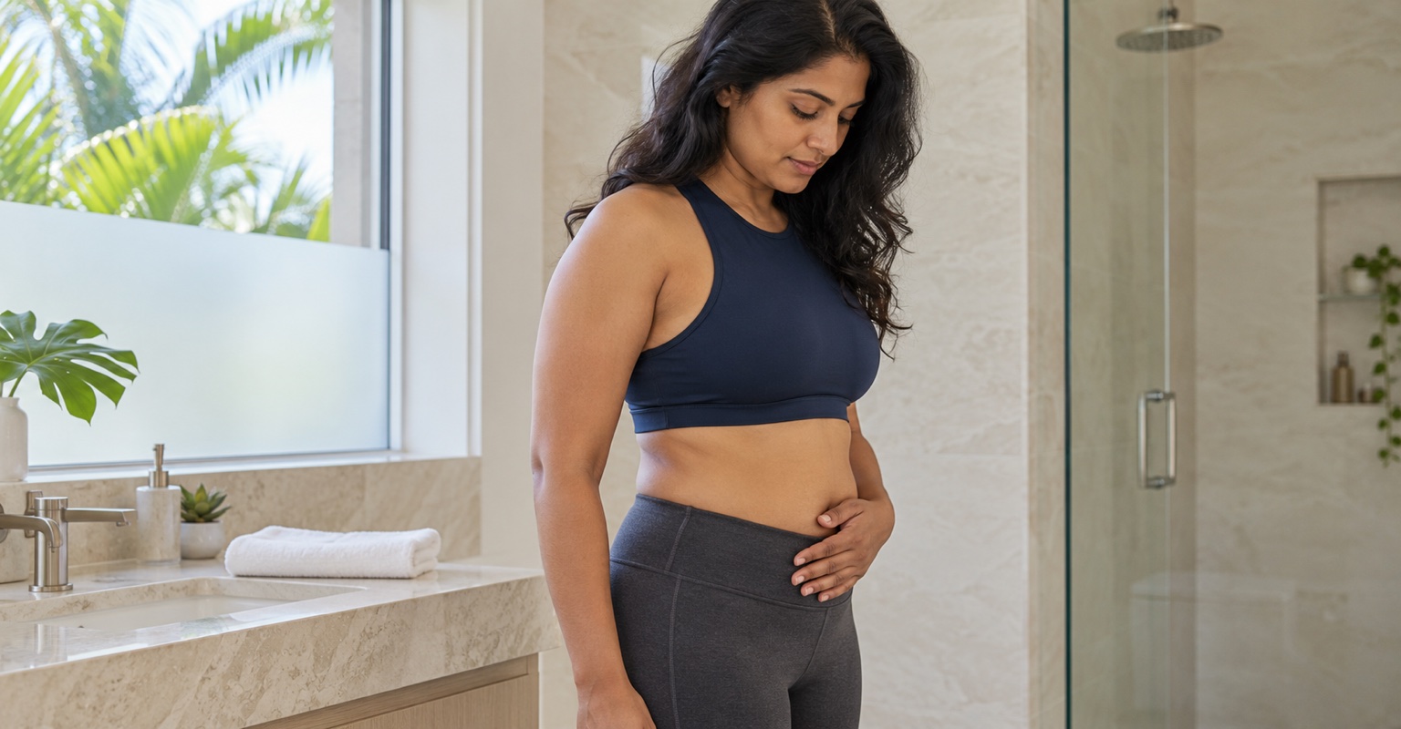 Adult woman in a navy sports top resting a hand on her abdomen in a Miami bathroom before considering body contouring.