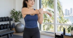 Illustrative adult woman stretching her shoulder in a Miami fitness room