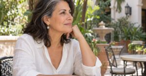 Illustrative mature woman in profile showing natural jawline and neck contours in a leafy courtyard
