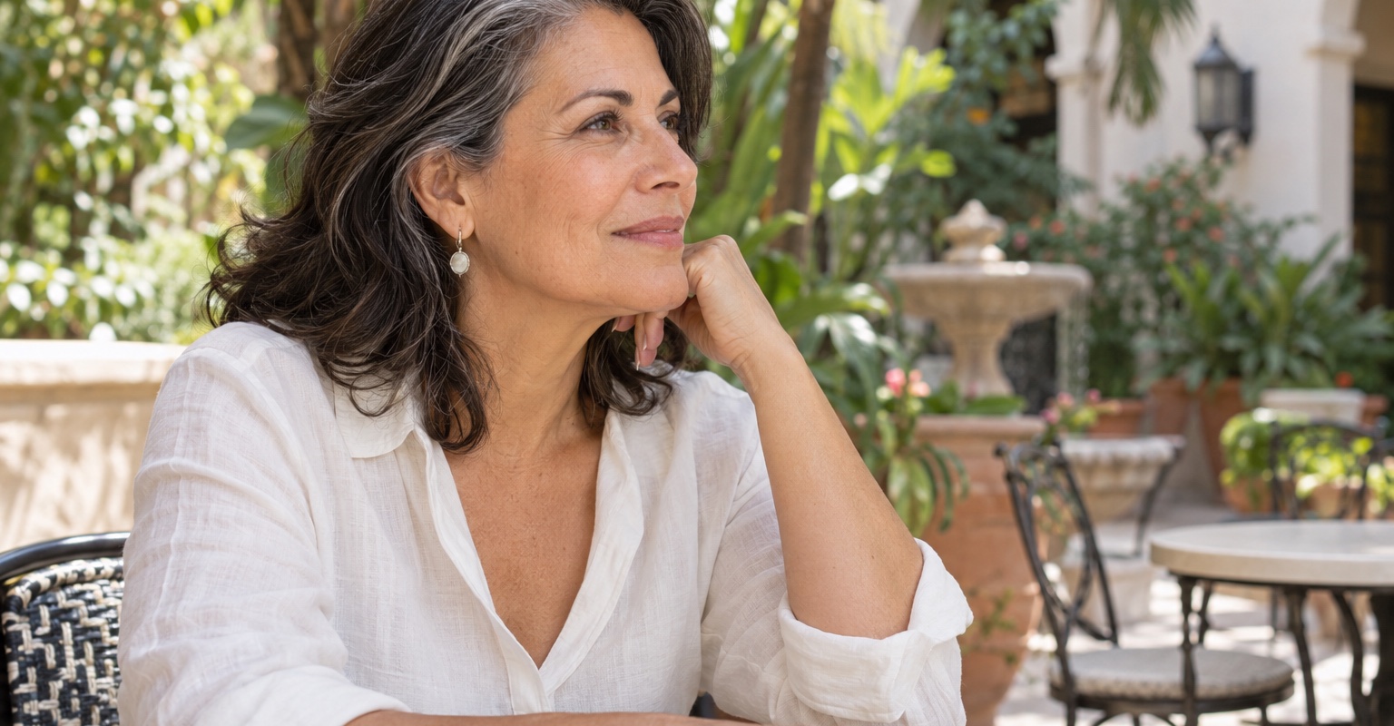 Illustrative mature woman in profile showing natural jawline and neck contours in a leafy courtyard