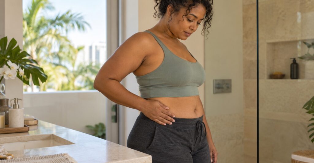 Illustrative adult woman resting a hand lightly at her abdomen in a sunlit Miami bathroom